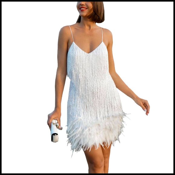 Dresses & Skirts - Sequin Flapper Dress Sleeveless Feather Fringe Glitter Sparkly Mini Party